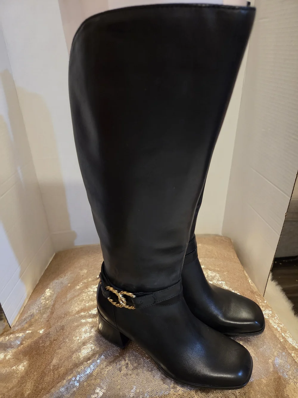 Naturalizer Black Over-the-Knee Leather Boots with Chain Accent